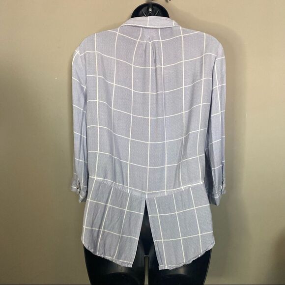 SIM & Sam Blue Plaid Button down 3/4 sleeves hi-low blouse - Picture 6 of 9